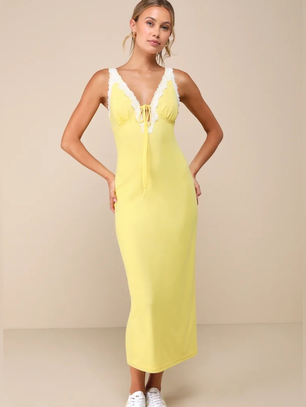 Lulus Ray of Charm Yellow Mesh Lace Sleeveless Midi Dress Size S